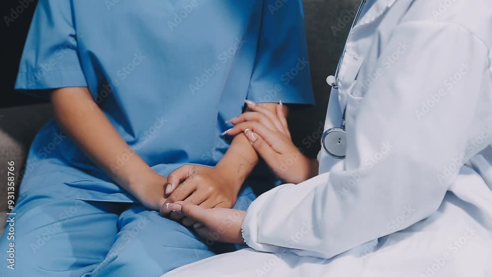 Hand of doctor reassuring her female patient. Asian people Hand of doctor reassuring her female patient. Asian people