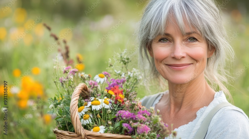 Elderly woman with a joyful smile holding a basket of colorful flowers at an outdoor market. Happiness and nature concept. Elderly woman with a joyful smile holding a basket of colorful flowers at an outdoor market. Happiness and nature concept.