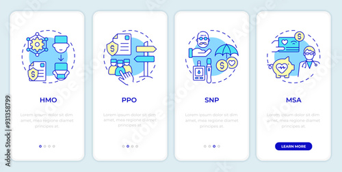 Advantage health plans onboarding mobile app screen. Walkthrough 4 steps editable graphic instructions with linear concepts. UI, UX, GUI template. Montserrat SemiBold, Regular fonts used