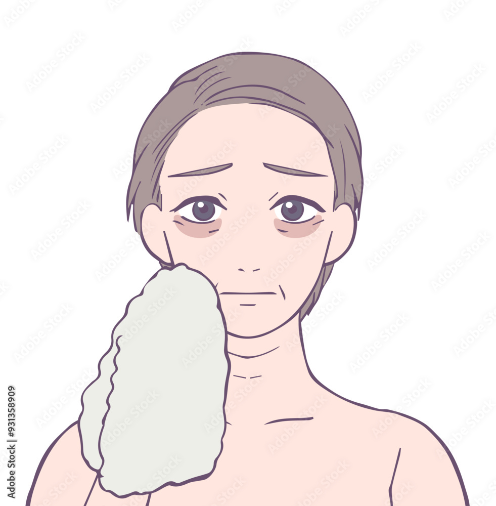 クマが出来て困った顔のミドル女性の上半身、ビューティーイラスト