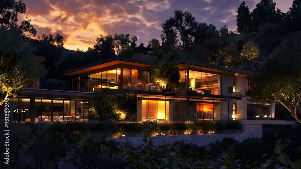 Beautiful modern style luxury home exterior at sunset with glowing interior lights. Beautiful modern style luxury home exterior at sunset with glowing interior lights.