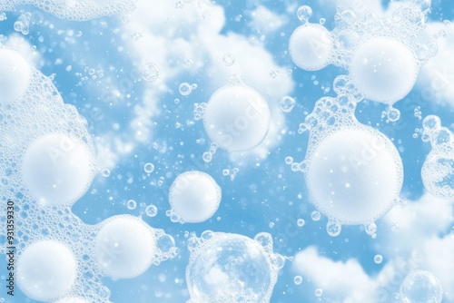 Sparkling soap bubbles floating on bright blue background