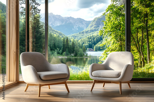 3d illustration. Living room interior with two loft chair. Panoramic windows overlooking the snowy forest.