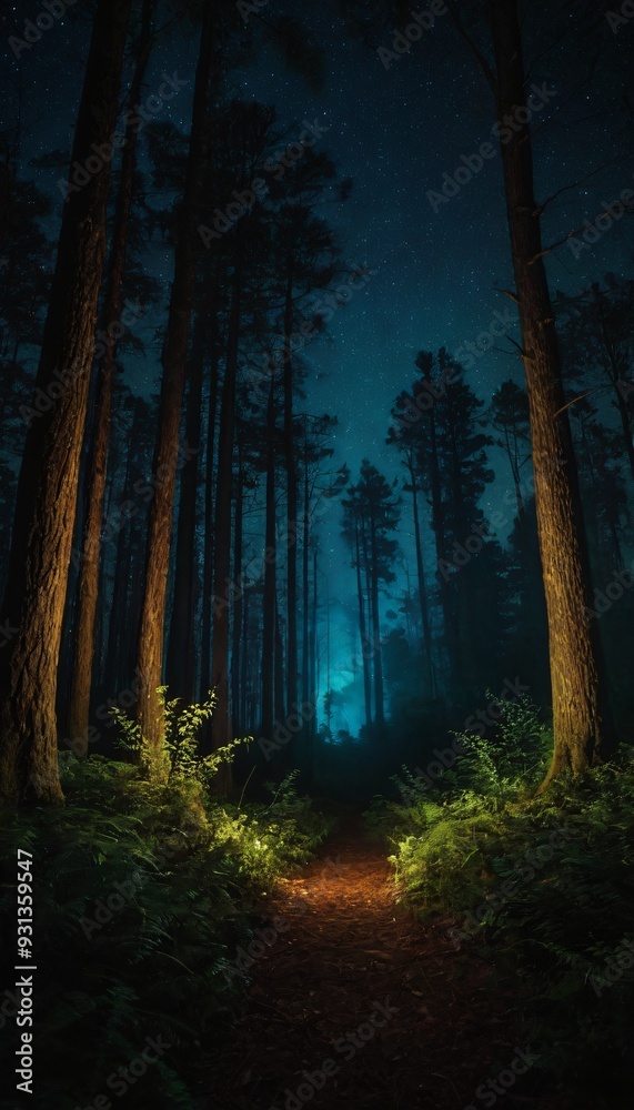 Obraz premium 3D illustration rendering of forest image illuminated at night by bioluminescence. Ai generated image.