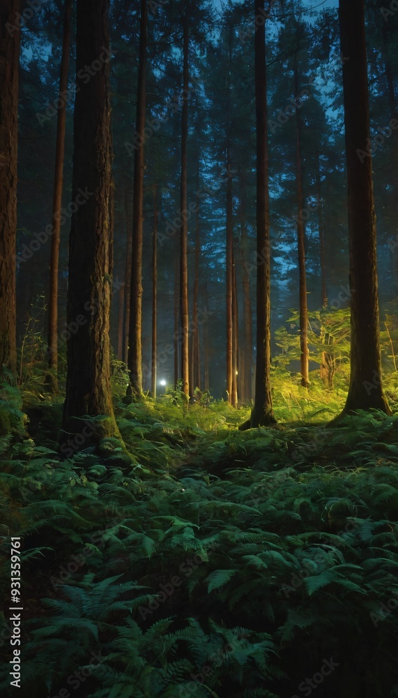 Fototapeta premium 3D illustration rendering of forest image illuminated at night by bioluminescence. Ai generated image.