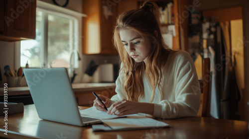 Young woman with a serious expression, writing