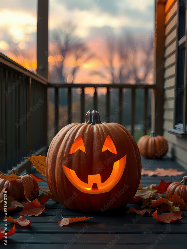 Fototapeta premium Jack-o'-lantern on porch at sunset with autumn leaves.