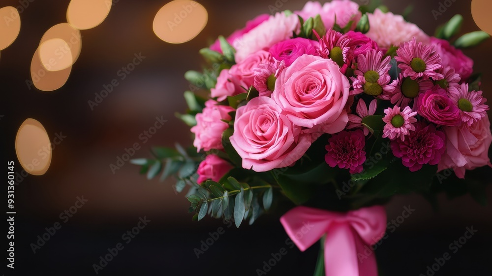 A beautiful bouquet of pink roses and flowers, adorned with a delicate ribbon, perfect for any occasion or celebration. A beautiful bouquet of pink roses and flowers, adorned with a delicate ribbon, perfect for any occasion or celebration.