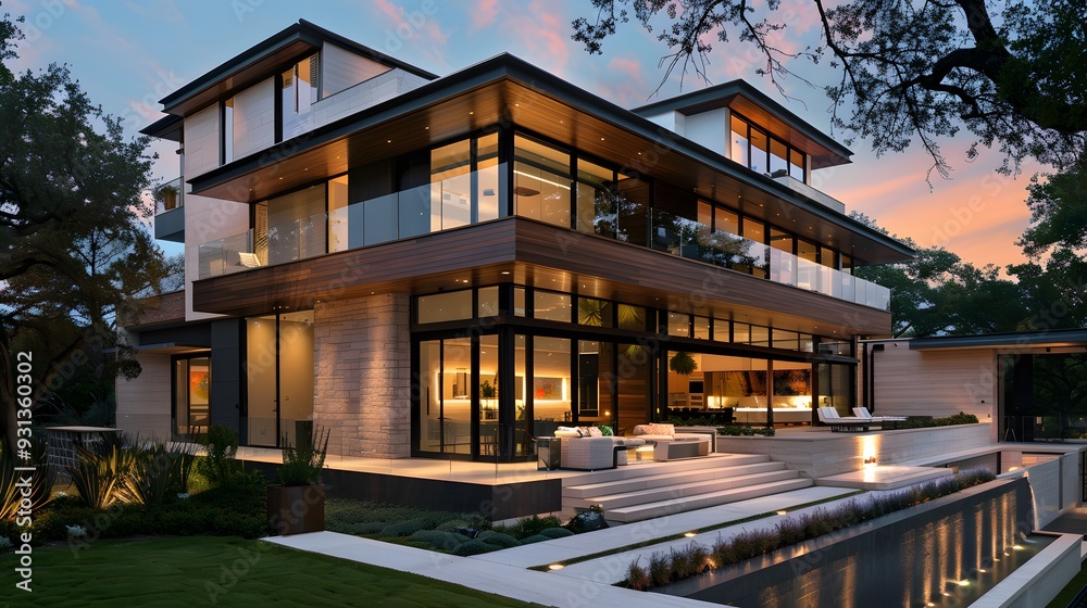 Beautiful modern style luxury home exterior at sunset with glowing interior lights. Beautiful modern style luxury home exterior at sunset with glowing interior lights.