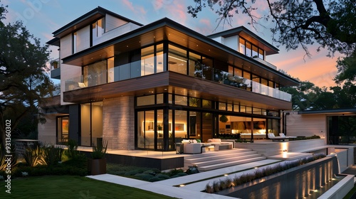 Beautiful modern style luxury home exterior at sunset with glowing interior lights. 