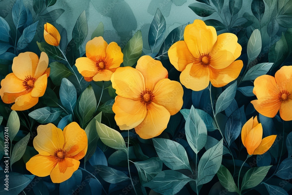 Botanical and plant pattern on a pastel green watercolor background. Generative AI