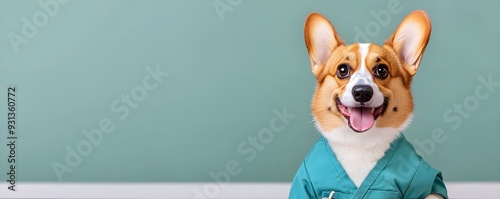 A cute dog in miniature medical scrubs, frozen in a hilarious  derp  moment with its tongue out and a puzzled expression photo