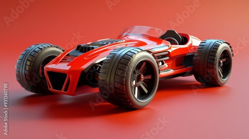 Close-up view of a futuristic red toy car with large tires and sleek design on a vibrant red background, showing off details and colors. photo