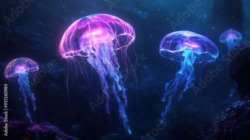 Colorful jellyfish swimming in a mystical underwater scene.