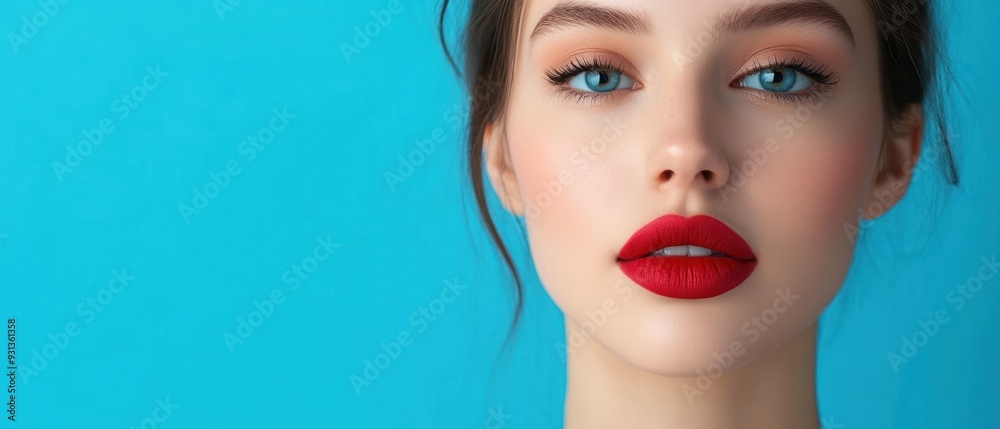 Close-up of a Woman's Face with Red Lips and Blue Eyes Close-up of a Woman's Face with Red Lips and Blue Eyes