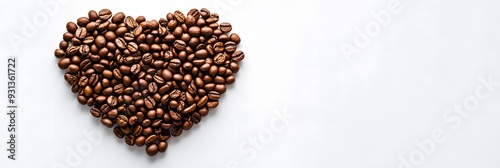 Coffee beans arranged in the shape of a heart on a white background. The simplicity of the design, combined with the deep