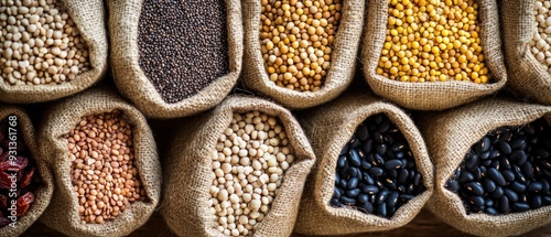 Assortment of Legumes and Dried Fruit in Burlap Sacks