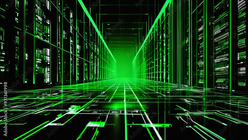 a large amount of data that is green and has a green light on it. a large amount of data that is green and has a green light on it.