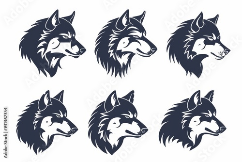 Set of Vintage wolf animals emblem logo design with black wolf line art icon vector illustration on white background