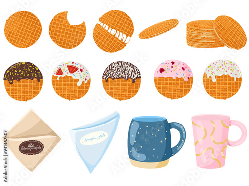 Stroopwafels cookies set. Sweet dutch bakery and pastry desserts with chocolate, vanilla and raspberries topping. Craft package, clay mugs. Vector isolated waffles illustrations for menu designs