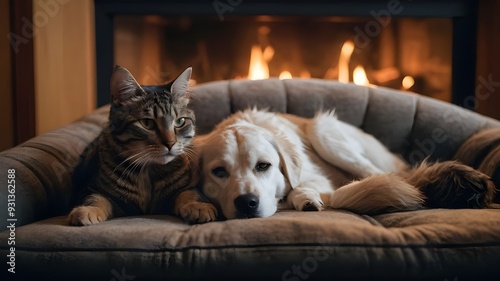 Wallpaper Mural A heartwarming scene of a cat and dog cuddled up together on a cozy couch, basking in the warm glow of a crackling fireplace. The cat's fur is a soft, fluffy grey while the dog's coat is a shaggy mix  Torontodigital.ca