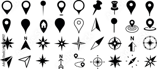 Navigation icon vector set, map pin, compass, directional symbol, and location marker vector, perfect for UI design, web mapping, and GPS application