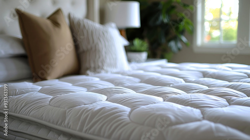 Close-up of luxurious white mattress topper on bed with pillows and blankets in bedroom