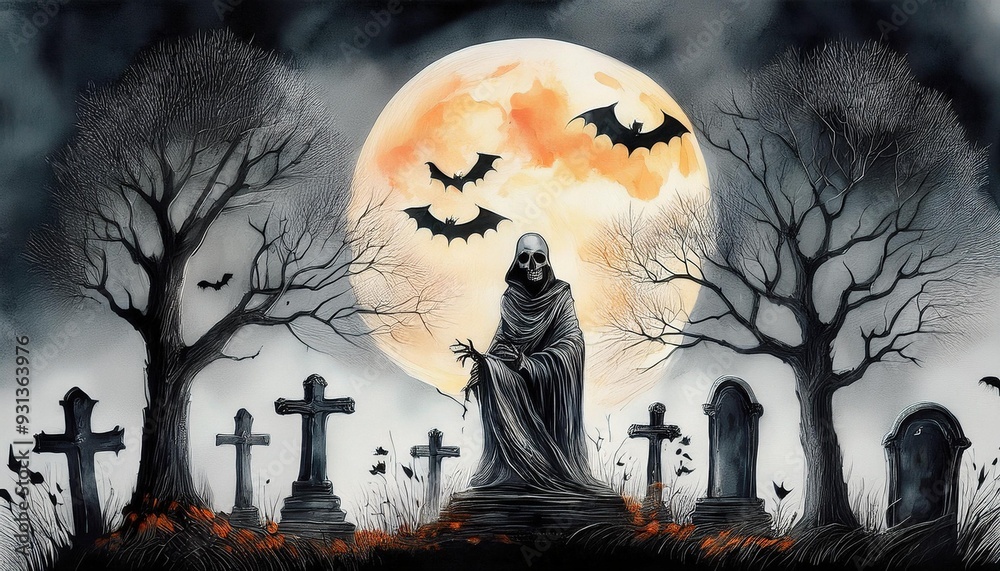 Fototapeta premium Grafika z cmentarzem, nietoperzami i kościotrupem na Halloween