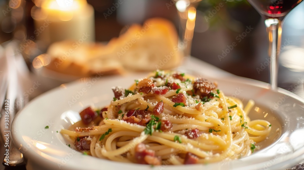 Envision a classic Italian dinner with a plate of spaghetti carbonara, a side of garlic bread, and a glass of red wine.