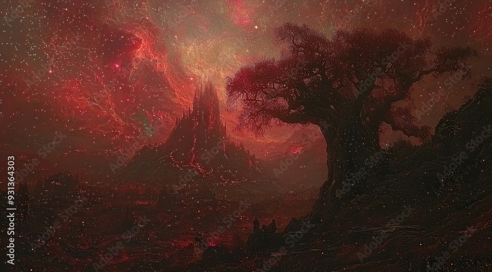 Fototapeta premium Surreal Cosmic Landscape with Ancient Tree and Fiery Nebula