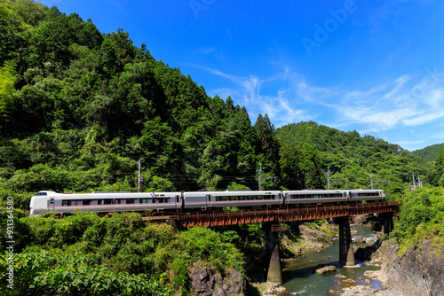 篠山川が流れる青空の川代渓谷を福知山線の特急列車が駆け抜ける