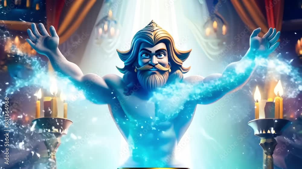 Magic Aladdin lamp. Gold magical oil lamp summon, control a wish granting Genie. Handsome blue powerful servant. Man emerges from ancient golden vessel ready to serve, grant wishes. Kid fairy tale.