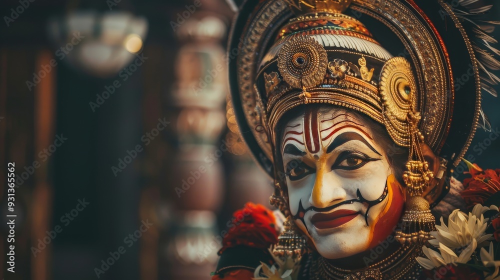 Envision a traditional Kathakali dance performance, with dancers in elaborate costumes and dramatic makeup. Envision a traditional Kathakali dance performance, with dancers in elaborate costumes and dramatic makeup.