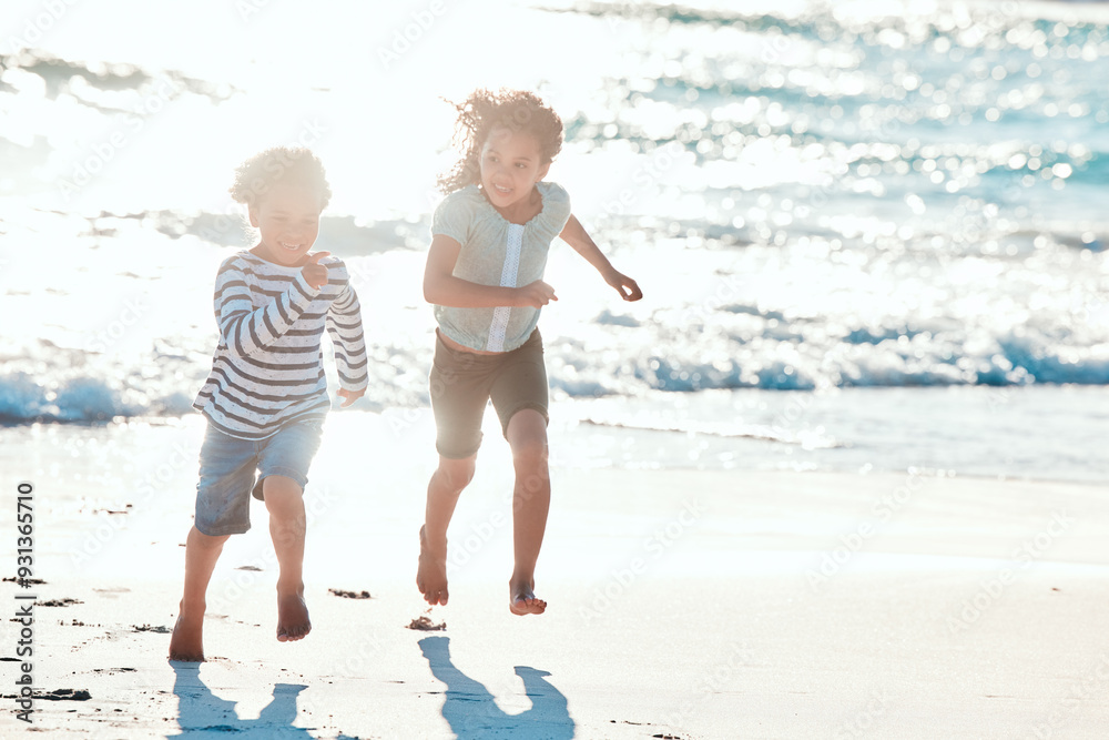 Kids, smile and siblings running at beach on vacation, summer holiday or girl with boy having fun together. Children, happy brother and sister at ocean to play game, travel or race competition at sea Kids, smile and siblings running at beach on vacation, summer holiday or girl with boy having fun together. Children, happy brother and sister at ocean to play game, travel or race competition at sea
