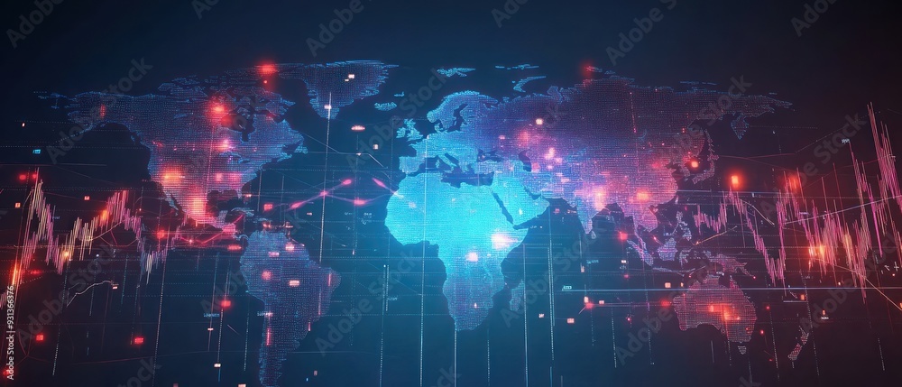 Digital World Map with Data Visualization and Network Lines Digital World Map with Data Visualization and Network Lines