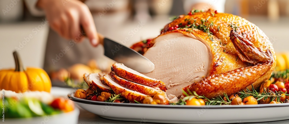 Thanksgiving turkey being sliced, focus on holiday meal and family feast, warm kitchen setting Thanksgiving turkey being sliced, focus on holiday meal and family feast, warm kitchen setting