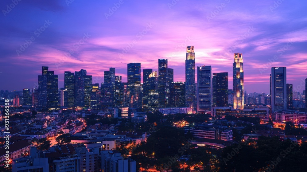 Fototapeta premium A vibrant city skyline at dusk, showcasing modern architecture and urban life.