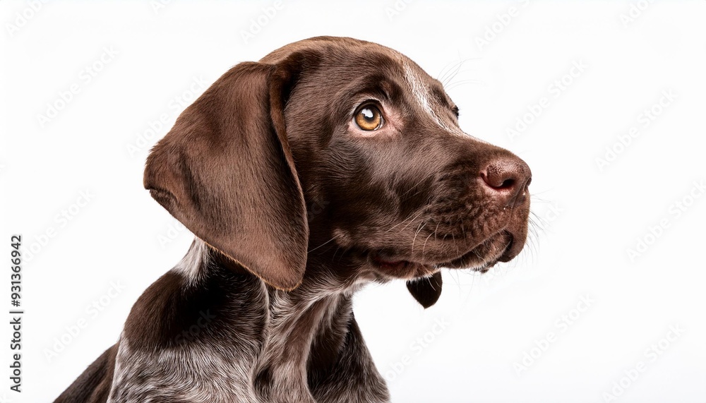ジャーマン・ショートヘアード・ポインターの子犬のポートレート（German Shorthaired Pointer puppy portrait on white background）
