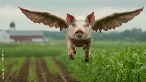 Wallpaper Mural A winged pig is flying high above a lush green farm, highlighting an enchanting and playful rural setting Torontodigital.ca