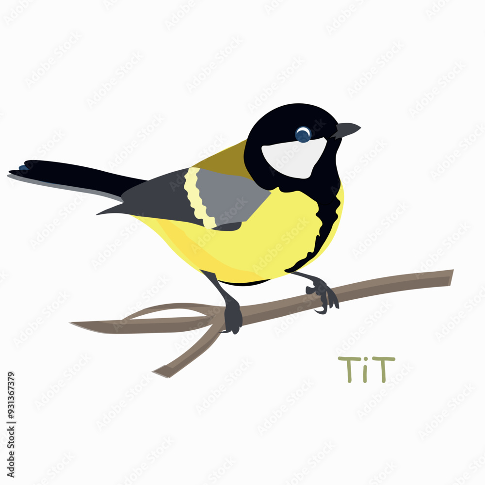 Naklejka premium Great tit on branch object isolated stock vector illustration for web, for print, for fabric print, for wallpaper.