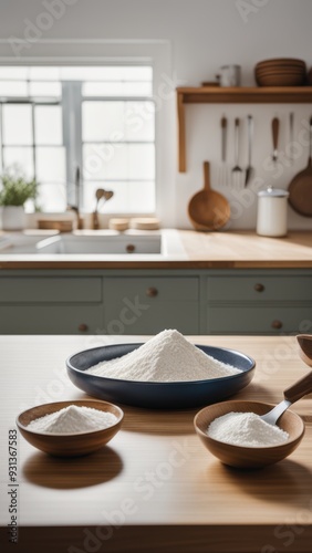 Well-lit kitchen with baking ingredients and tools including flour bowls and a rolling pin.