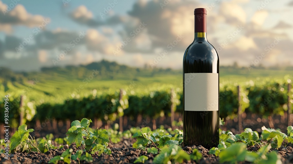 Fototapeta premium Wine Bottle in Vineyard at Sunset.