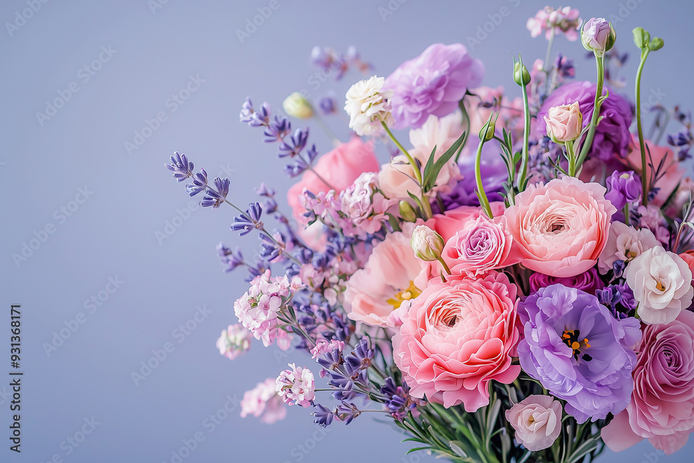 Bouquet of flowers from peonies and bush roses on a lilac background close-up. Bouquet of flowers from peonies and bush roses on a lilac background close-up.