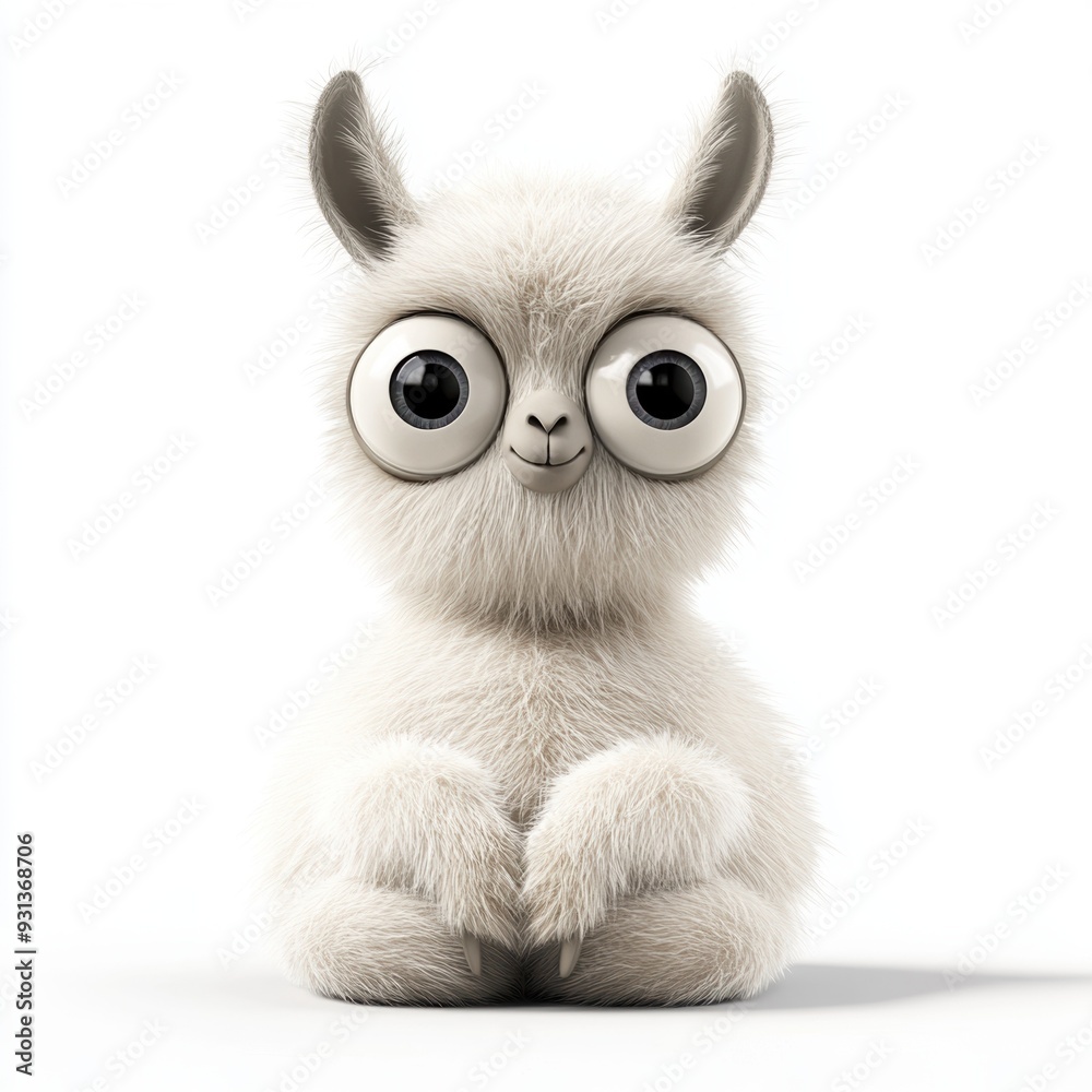 Adorable 3D illustration of a fluffy white llama with big round eyes, sitting with a cute and attentive expression, isolated on a white background, featuring a quirky design