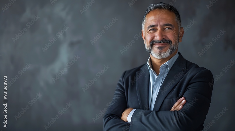 Smiling confident latin hispanic mature business man standing crossed arms isolated on grey background Older senior businessman professional ceo coach leader looking at camera Banner c : Generative AI Smiling confident latin hispanic mature business man standing crossed arms isolated on grey background Older senior businessman professional ceo coach leader looking at camera Banner c : Generative AI