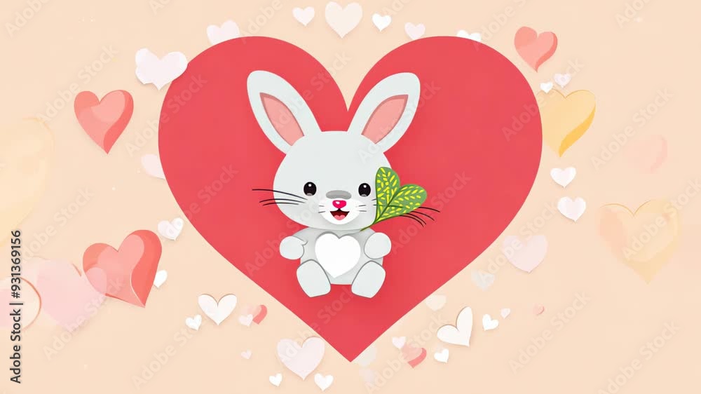 Cute white rabbit with green leaf sits on the background of big red heart surrounded by small hearts Cute white rabbit with green leaf sits on the background of big red heart surrounded by small hearts