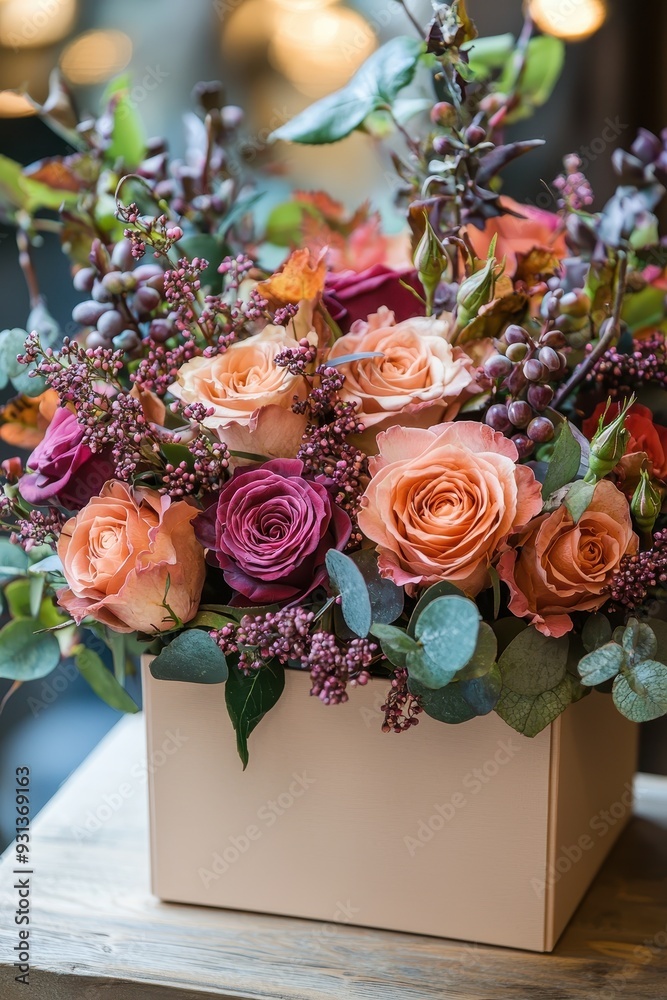 Obraz premium Autumn gift box, overflowing with fall foliage and roses, soft lighting