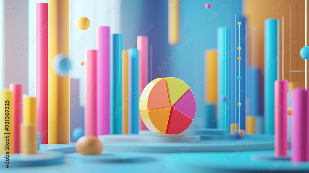Data visualization in 3D, colorful graphs and pie charts floating in a ...