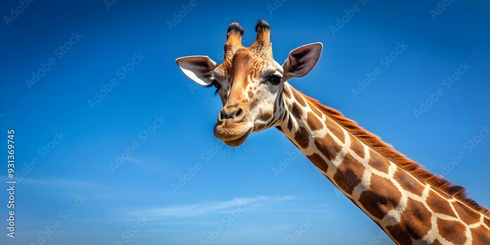 Naklejka premium Giraffe gracefully poses against clear blue sky with head tilted, Giraffe, animal, wildlife, tall, majestic, safari, nature