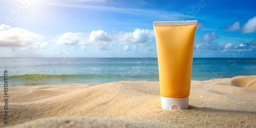 Mock-up tube of sunscreen lotion on sandy beach background, beach, skincare, protection, mock-up, tube, lotion, SPF, sun